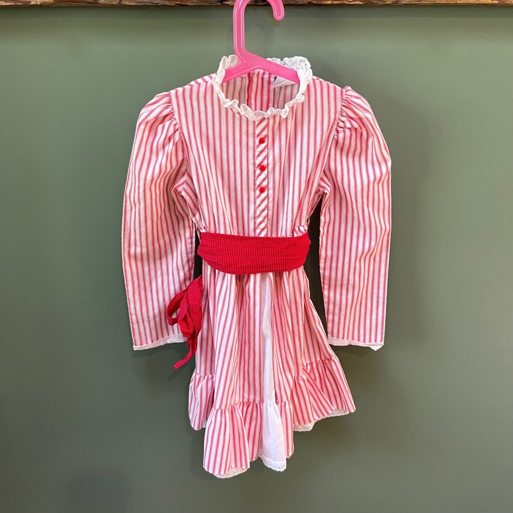 Vintage Cinderella Union Made Red Striped Dress Lace Trim Long Sleeve Size 6 USA
